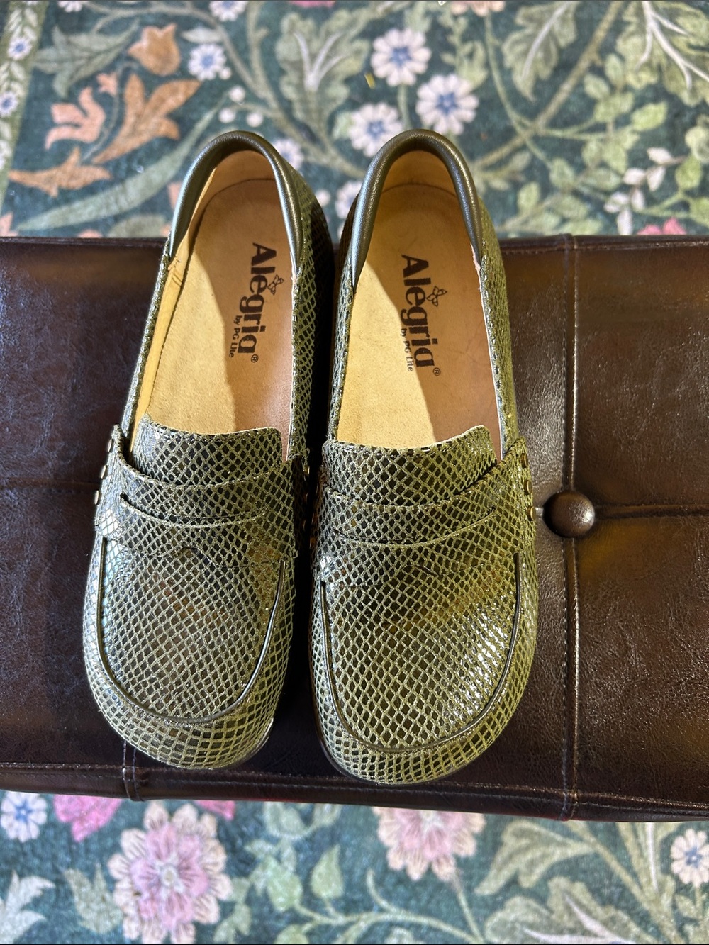 Alegria Olive Green Snake-Embossed Slip-On Loafers